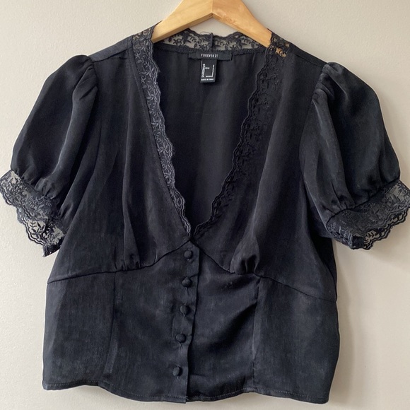 Forever 21 Satiny, Lace Trim, V Neck Top - Picture 3 of 12